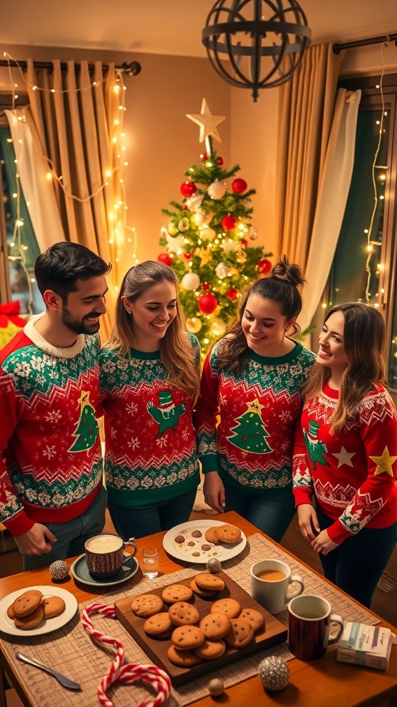 Festive Christmas Aesthetic for Four Friends Four friends celebrating Christmas together in matching sweaters, with a decorated tree and festive treats.